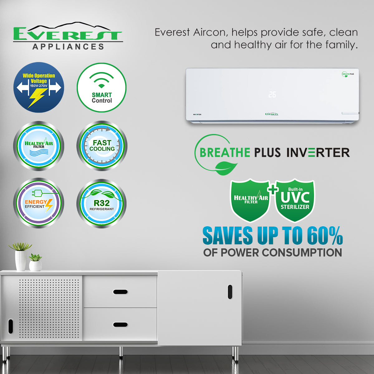 1.0 HP Split Type Wall Mounted Inverter Aircon with UV and Wifi
