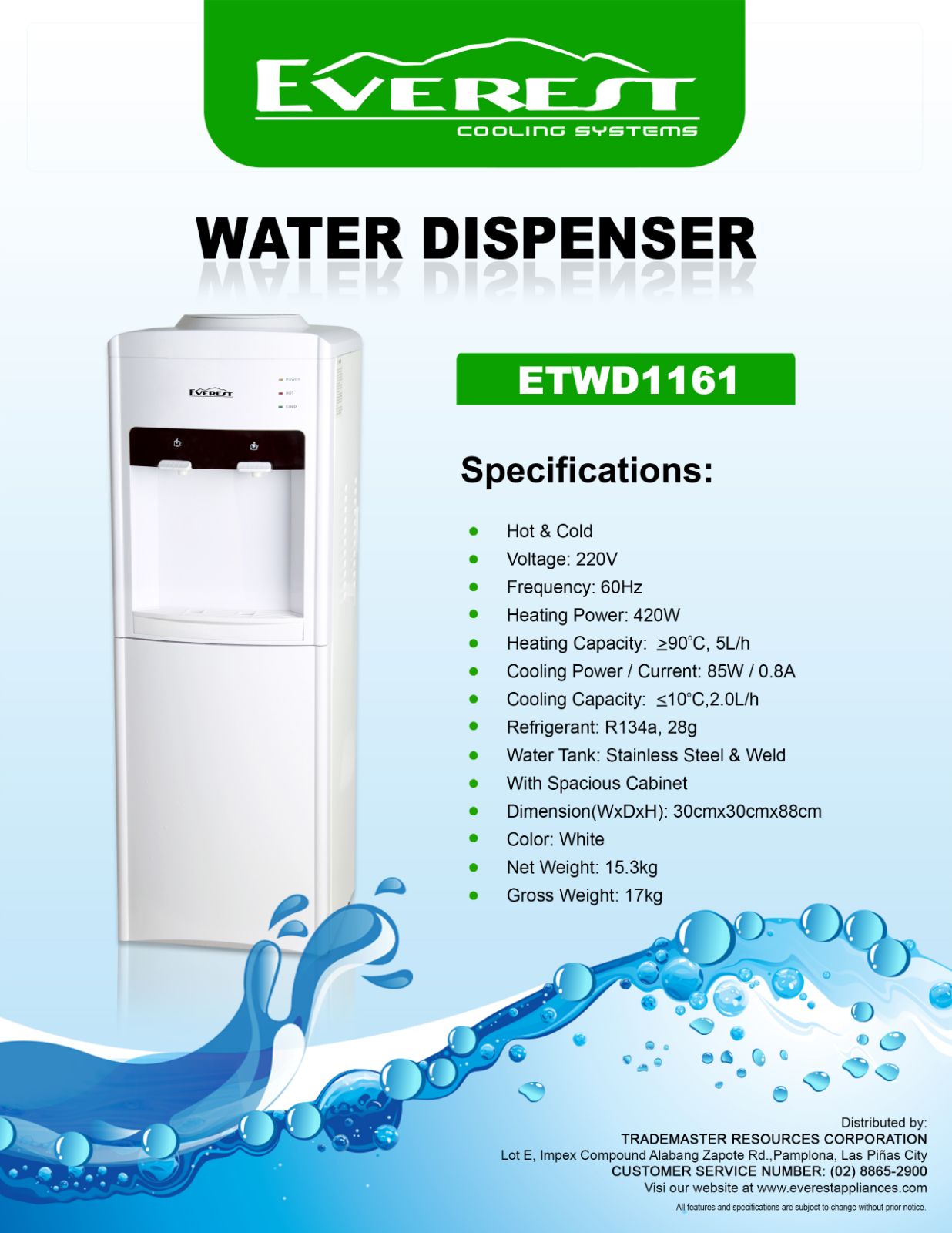 EVEREST Top Load Water Dispenser | hot & cold | water tank: stainless steel weld with spacious cabinet|color: white|Dimension (WxDxH):30cmx30cmx88cm|17kg|ETWD1161
