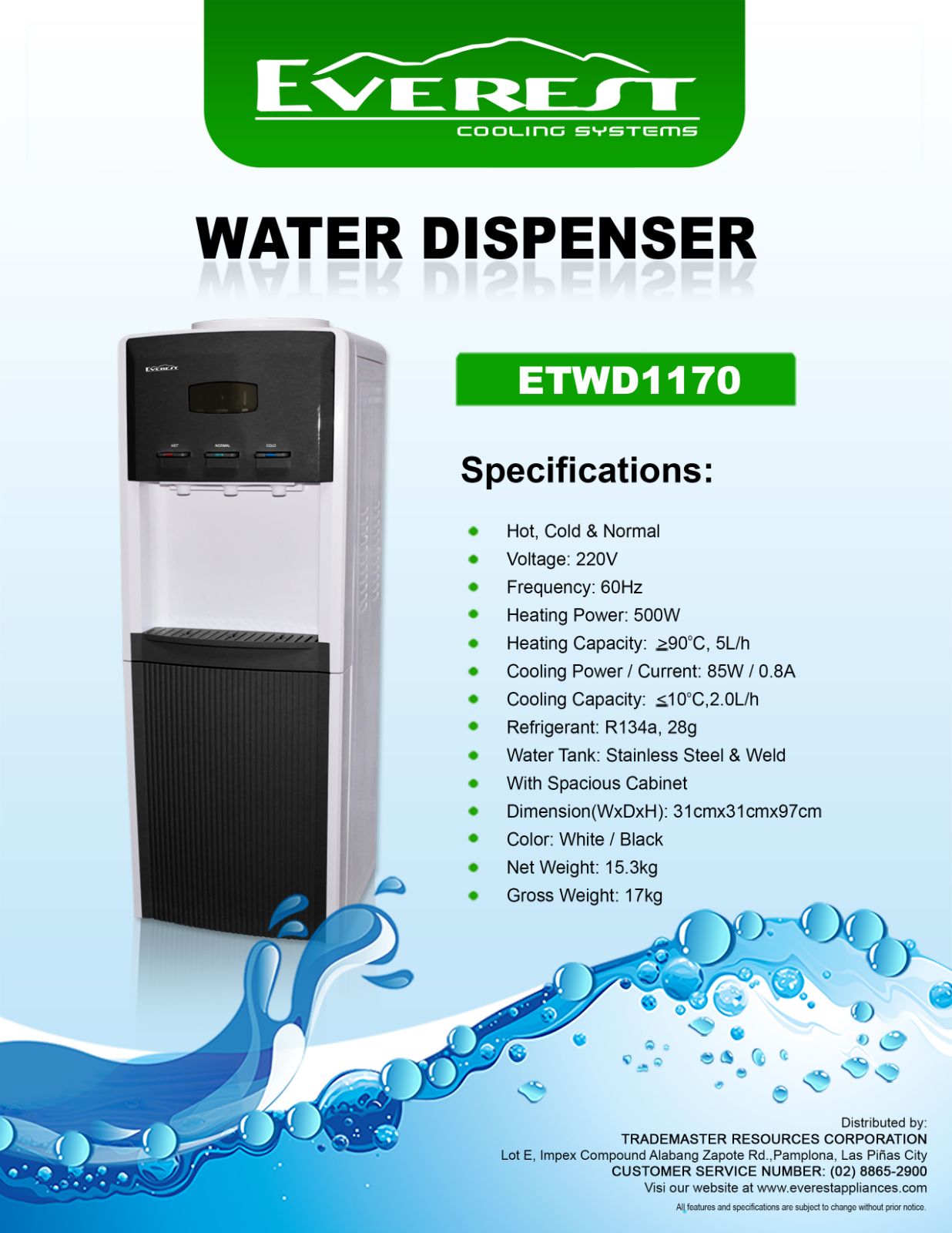 EVEREST Top Load Water Dispenser|hot, cold and normal water|stainless steel water tank | with spacious cabinet|color:white/black| Dimension(WxDxH):31cmx31cmx97cm| 17kg|ETWD1170