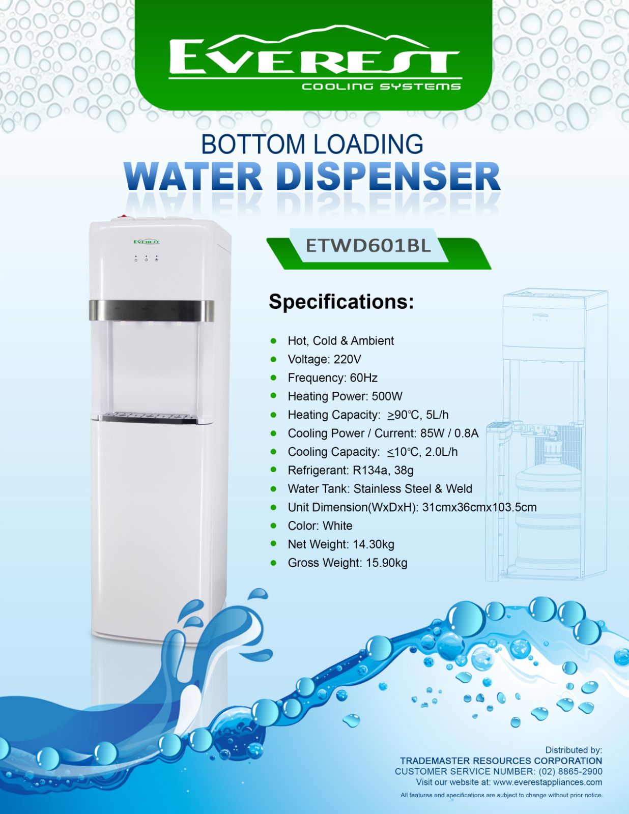 Bottom Load Water Dispenser| hot, warm & cold | water tank:stainless steel & weld with spacious cabinet|Dimension(WxDxH):31cmx36cmx103.5cm| 15.90kg|ETWD601BL