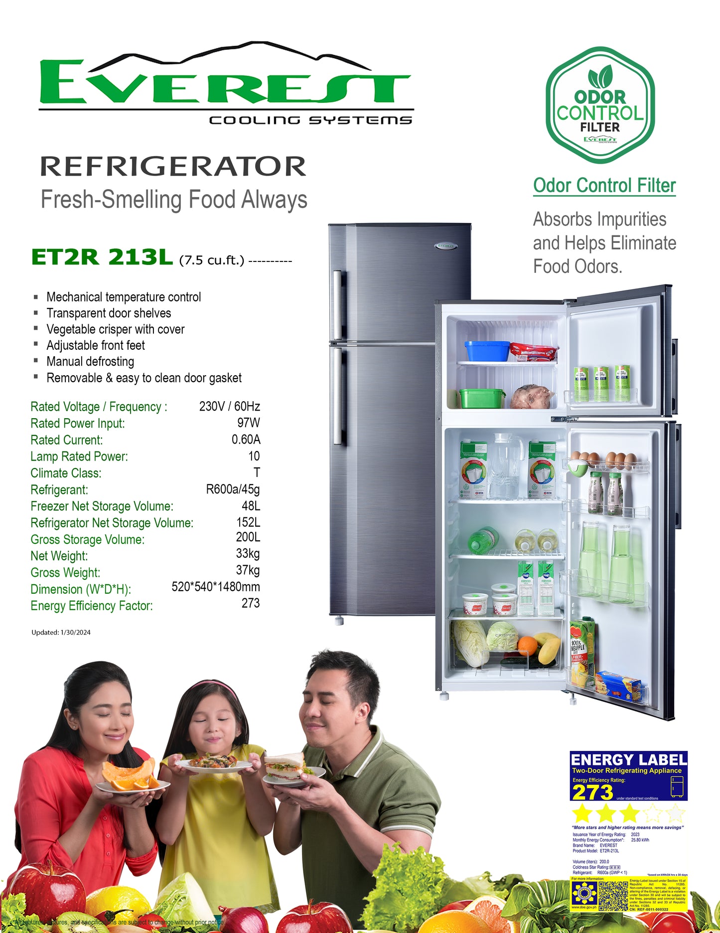 7.4 cu.ft. Two-door Refrigerator | Mechanical Temperature Control |Manual Defrosting | R600a Refrigerant | Transparent Door Shelves | Vegetable Crisper with Cover | Adjustable Front Feet | Remove and Easy to Clean Door Gasket | 97W|4.9 ft|37kg|ET2R-213L