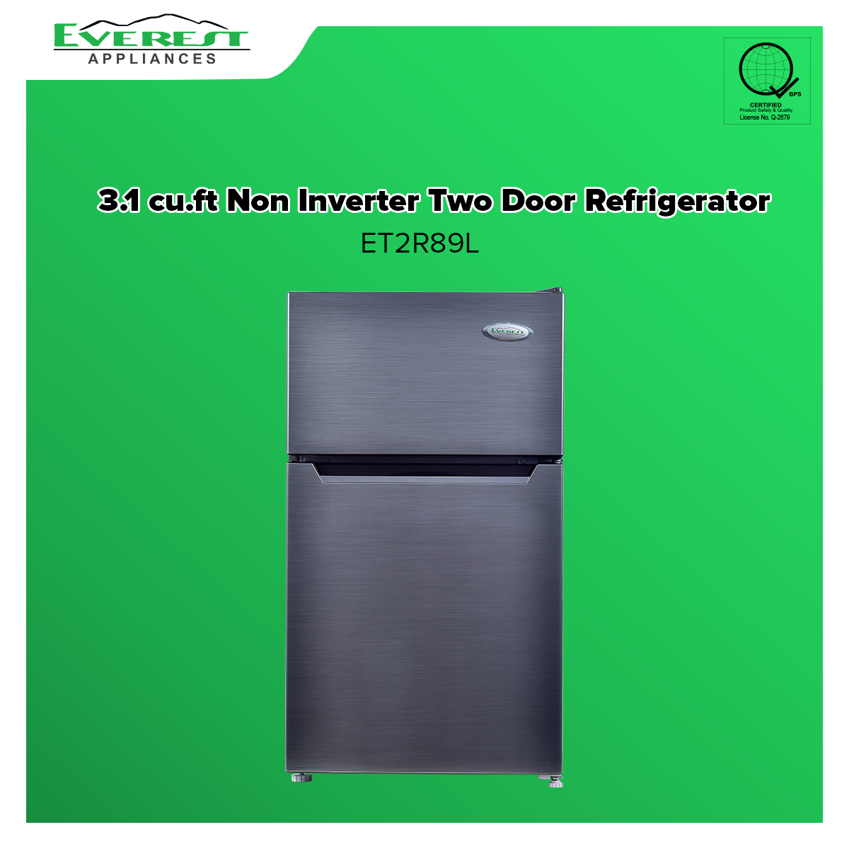 Everest Two Door Refrigerator 3.1 cu ft., Manual Defrost Non-Inverter, Compact Design with Freezer, Adjustable Front Leg, 1 Crisper Drawer with Cover, 3 Door Shelf, Personal Fridge Good for Bedroom/Living Room/Kitchen/Office Ref Use