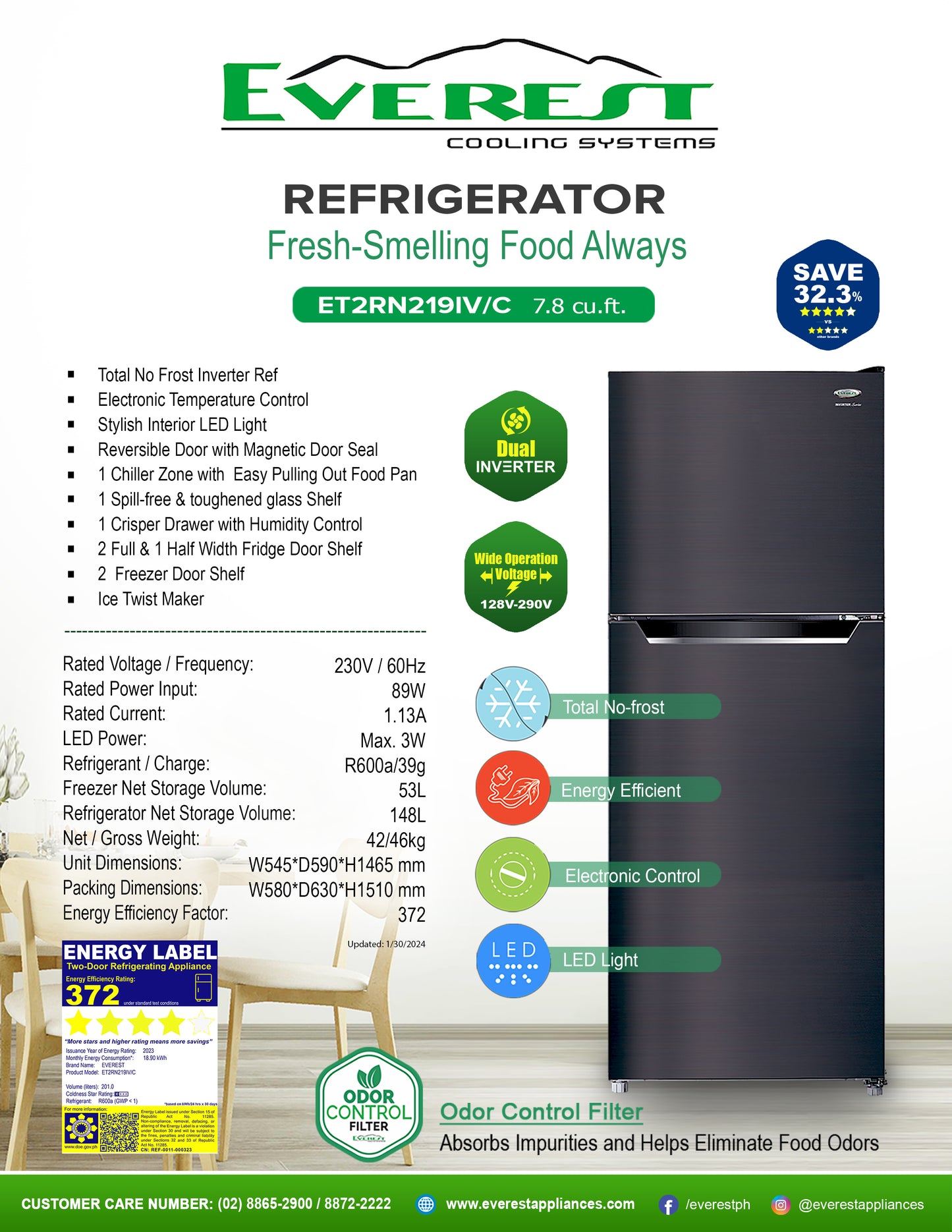 EVEREST 7.8 cu.ft. 2 Door no frost inverter ref. | Dual Inverter Technology | No Frost | Wide Operation Voltage (128V-290V) | Electronic Temperature Control | Stylish Interior LED Light | Reversible Door with Magnetic Door Seal|4.8ft. | 46kg.|ET2RN219IV/C