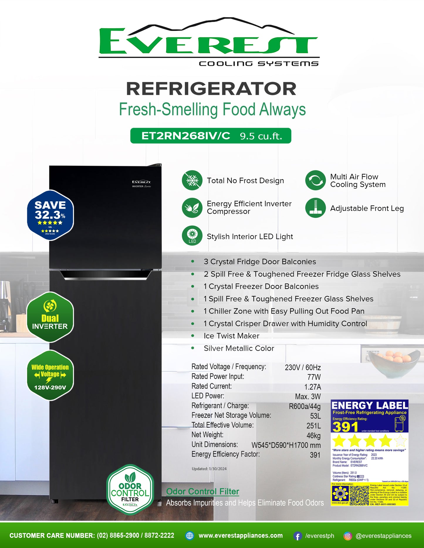 EVEREST 9.5 cu.ft. Two-door no-frost inverter refrigerator|Energy Efficient Inverter Compressor|Multi Air Flow Cooling System Stylish Interior LED Light| 5.6f.t|46kg.|ET2RN268IV/C