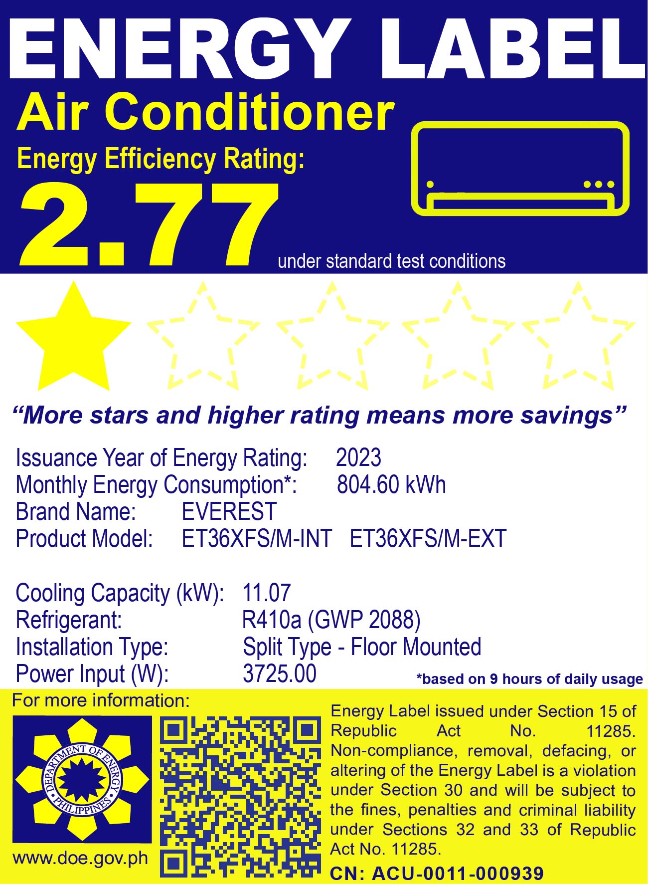 Everest Split Type Floor Standing Aircon 3.0 TR - ET36XFS/M
