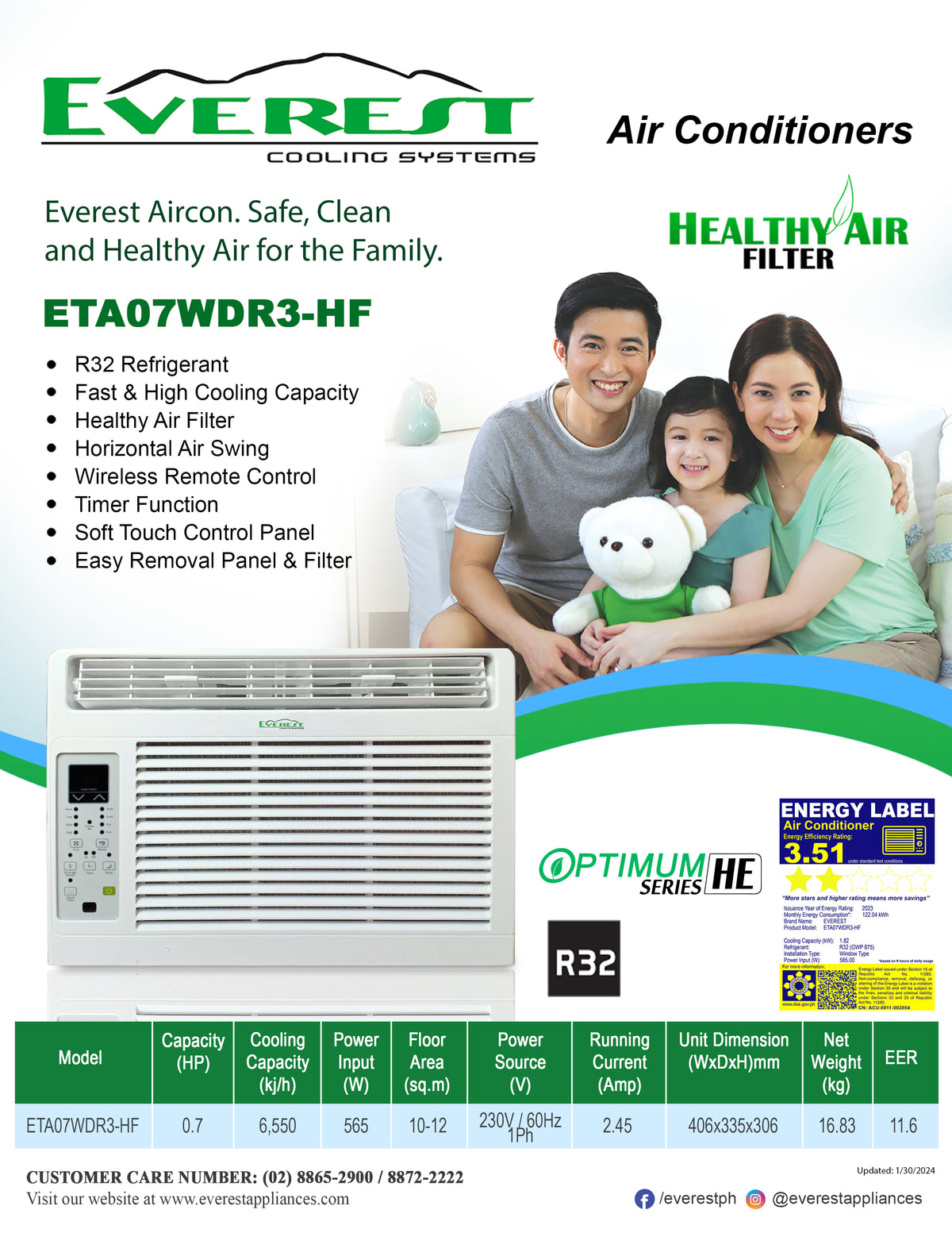 EVEREST 0.7 HP Window Type Aircon|R32 Refrigerant| Horizontal Air Swing Wireless Remote Control|Timer Function |Application Area: 10-12sqm|Dimension(WxDxH) 40.6x33.5x30.6cm|16.83kg|ETA07WDR3-HF