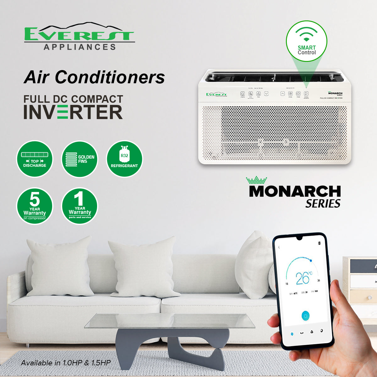 Everest Window Type Aircon 1.5Hp Top Discharge Full DC Inverter, Compact Design, Smart WIFI Control with Remote Control, Golden Fins, R32 Refrigerant, Healthy Air Filter, Energy Efficient, Can Cool 17-21 sq.m., Inverter Aircon/ ETIV15CFWTD