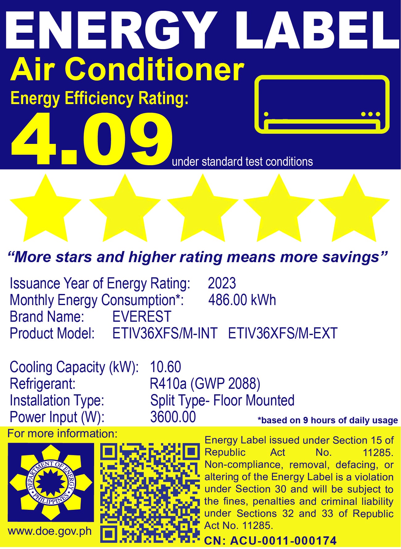 Everest Split Type Floor Standing Inverter Aircon 3.0 TR - ETIV36XFS/M
