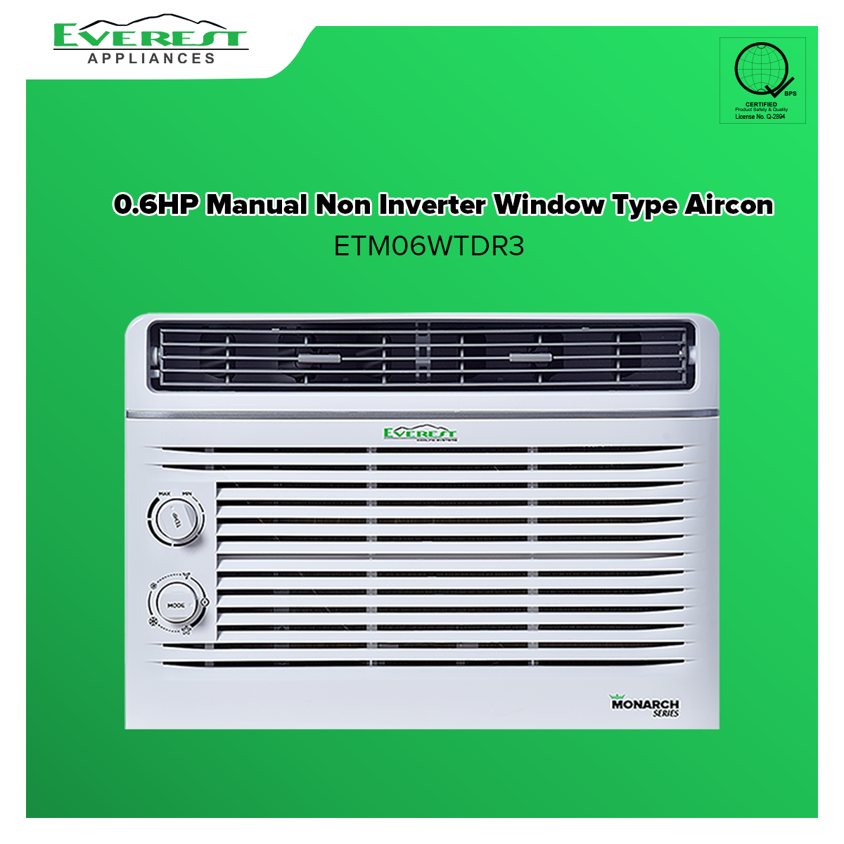 Everest Window Type Air Conditioner 0.6 Hp, Non-Inverter, For Small Rooms and Bedrooms up to 8-10 sq.m., Dripless, Easy Install, White, New Compact and Stylish Design, R32 Refrigerant
