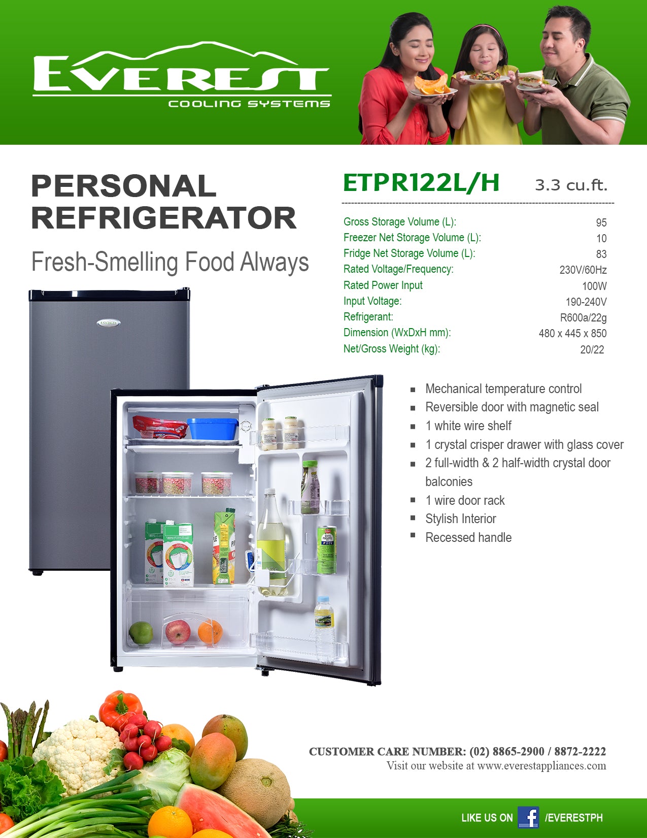 EVEREST 3.3 cu.ft. Single Door Personal Ref | mechanical temperature control | reversible door with magnetic seal | recessed handle|2.8ft.| 22kg.|ETPR122L/H