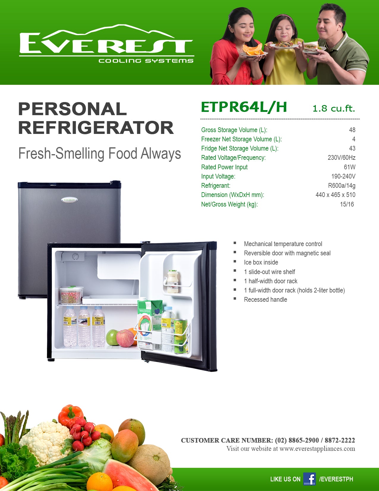 EVEREST 1.8 cu.ft. Single Door Personal Ref | Mechanical Temperature Control | Reversible Door with Magnetic Seal   | Recessed Handle |1.7ft. | 16kg.|ETPR64L/H