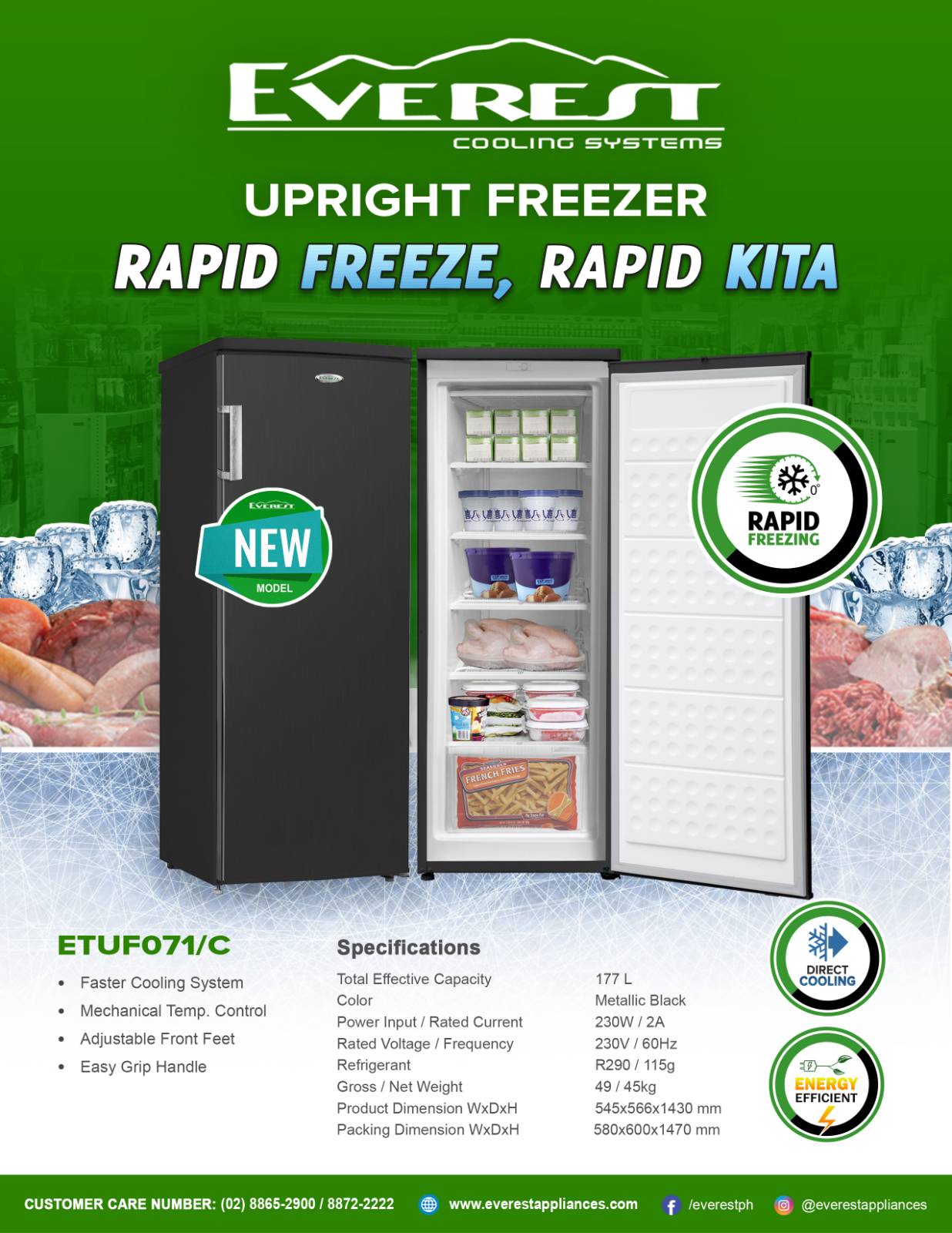 EVEREST 7.1 Upright Freezer Defrost|Faster Cooling System| Mechanical Temperature Control| Adjustable Front Feet| Easy Grip Handle|Dimensions: (DxWxH)54.5x56.6x143.0cm|4.7 ft|45kg||ETUF071/C