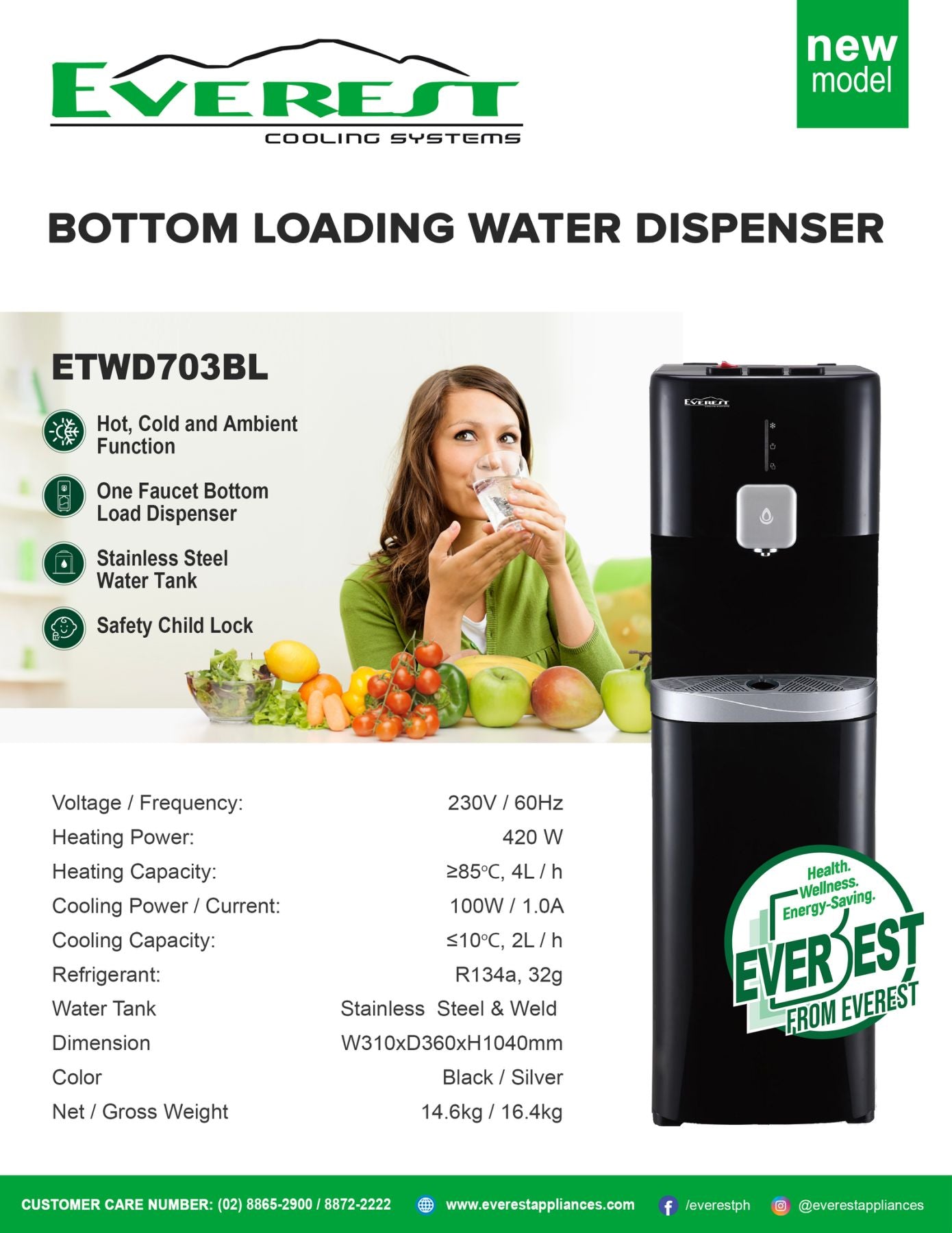 EVEREST Bottom Load Water Dispenser/ Hot, Ambient and Cold Function/ Safety Child Lock/ One Faucet/ ETWD703BL