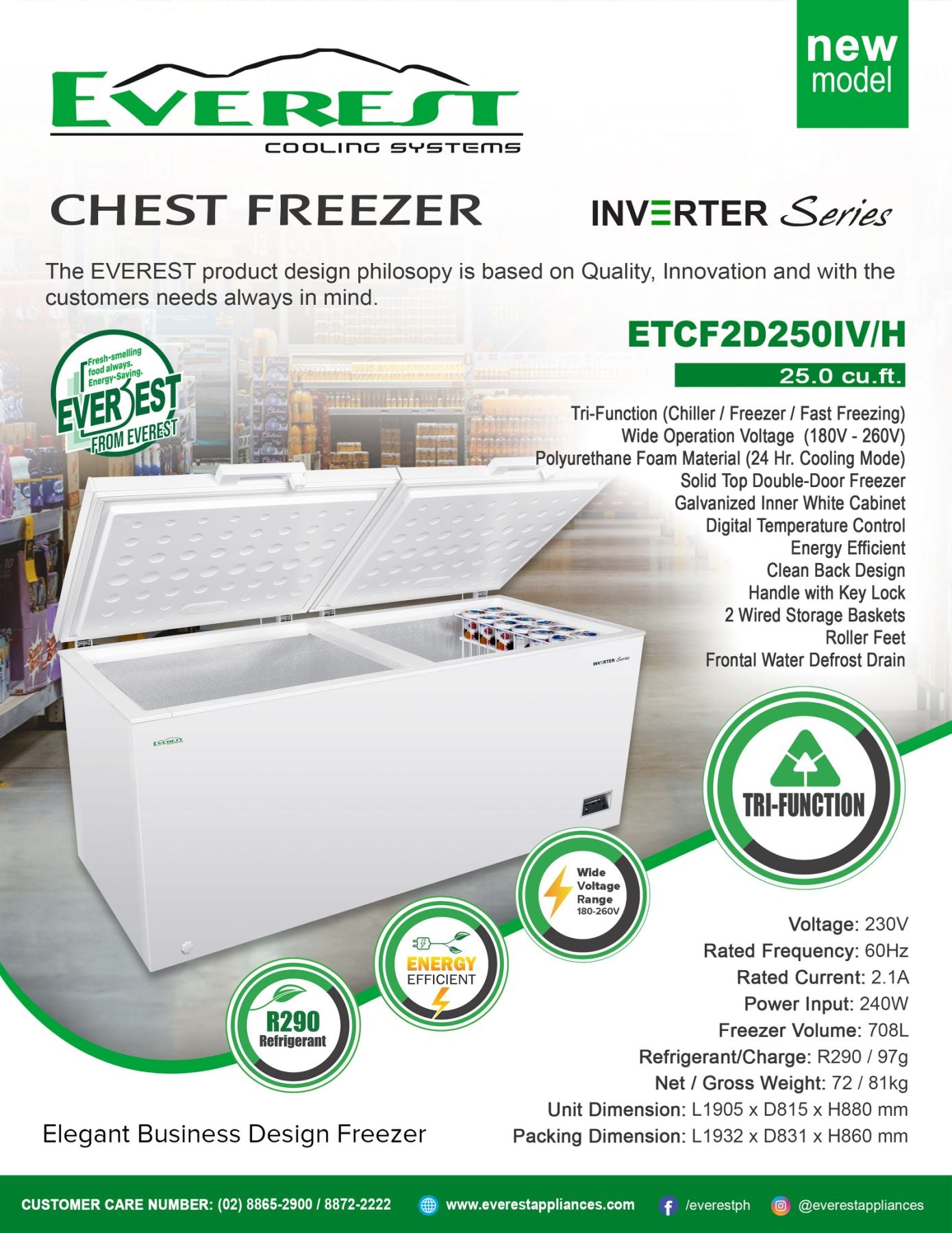 Everest Inverter Chest Freezer 25 cu.ft. | Tri Function (Chiller/Freezer/Fast Freezing) | Polyurethane Foam Material (24hrs cooling mode) | Galvanized Inner White Cabinet | Digital Temperature Control | 2 Wired Storage Basket | ETCF2D250IV/H