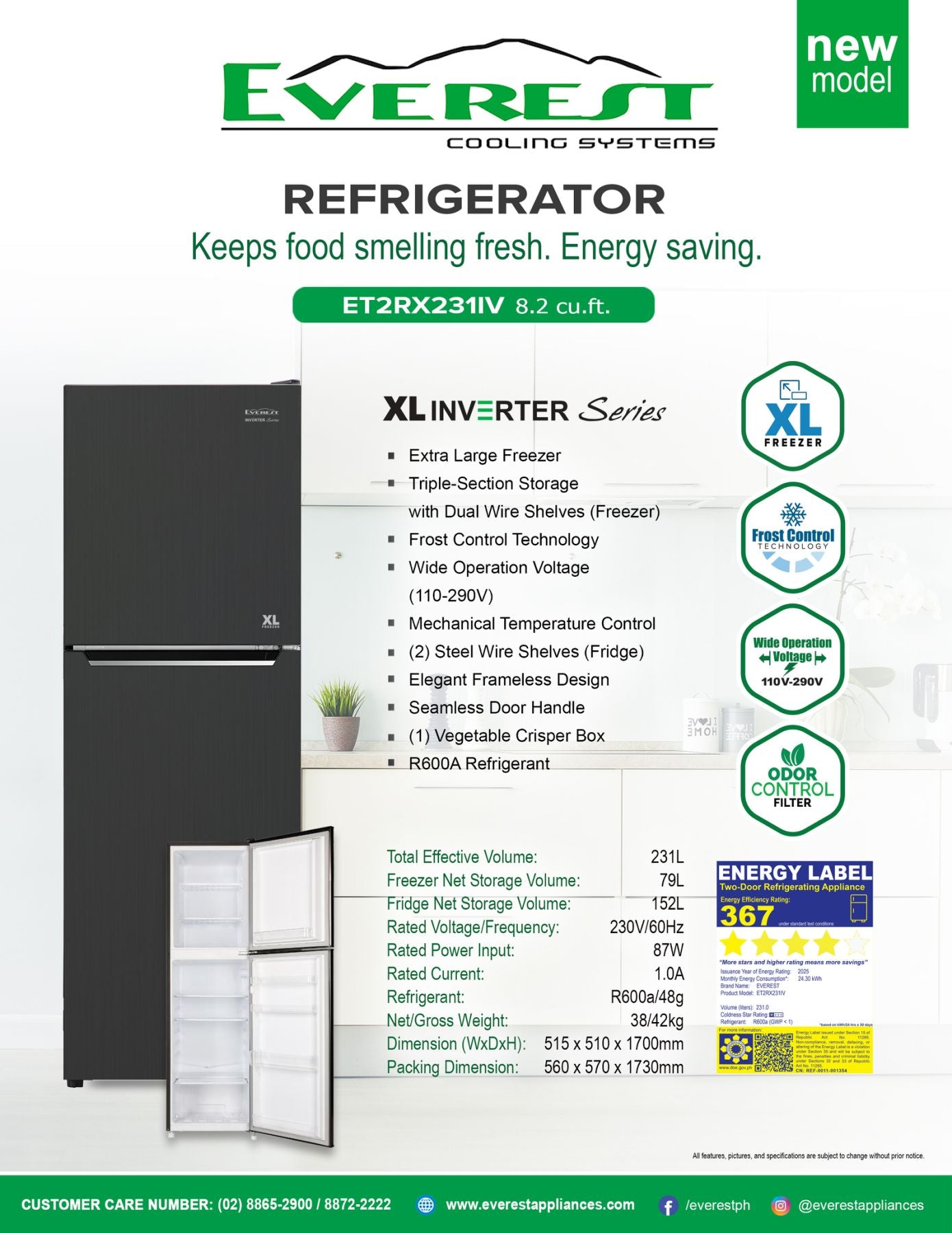Everest Refrigerator XL Freezer 8.2 cu.ft. Inverter Series | Extra Large Freezer | Tri- Section Storage w/ Dual Wire Shelves | Frost Control | R600a Refrigerant | ET2RX231IV