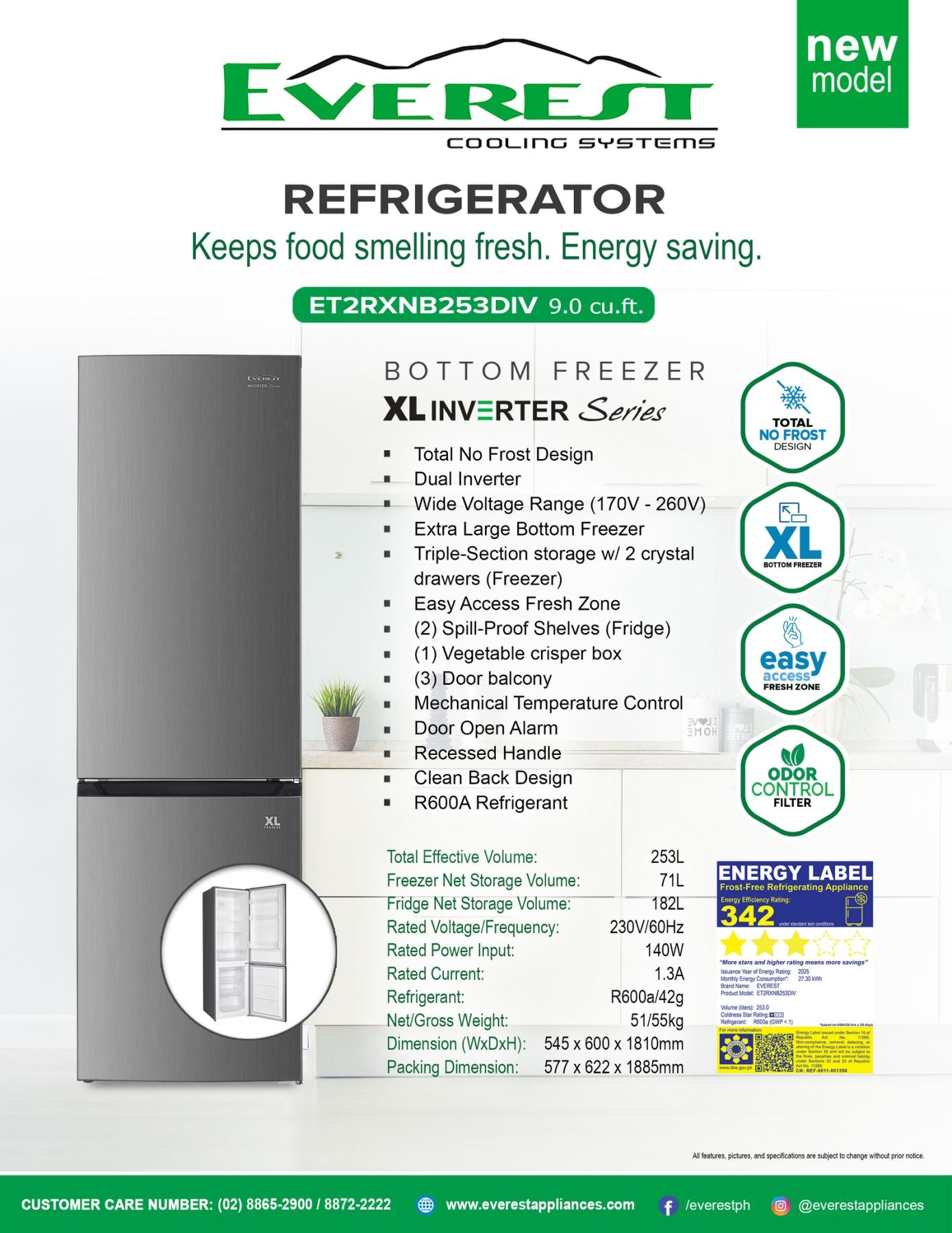 Everest Bottom Freezer 9.0 cu.ft. XL Inverter Series | No Frost Design | Dual Inverter | Extra Large Bottom Freezer | Triple Section Storage w/ 2 Crystal Drawer (Freezer) | 2 Spill Proof Shelves | 1 Crisper Box | R600a Refrigerant | ETR2RXNB253DIV