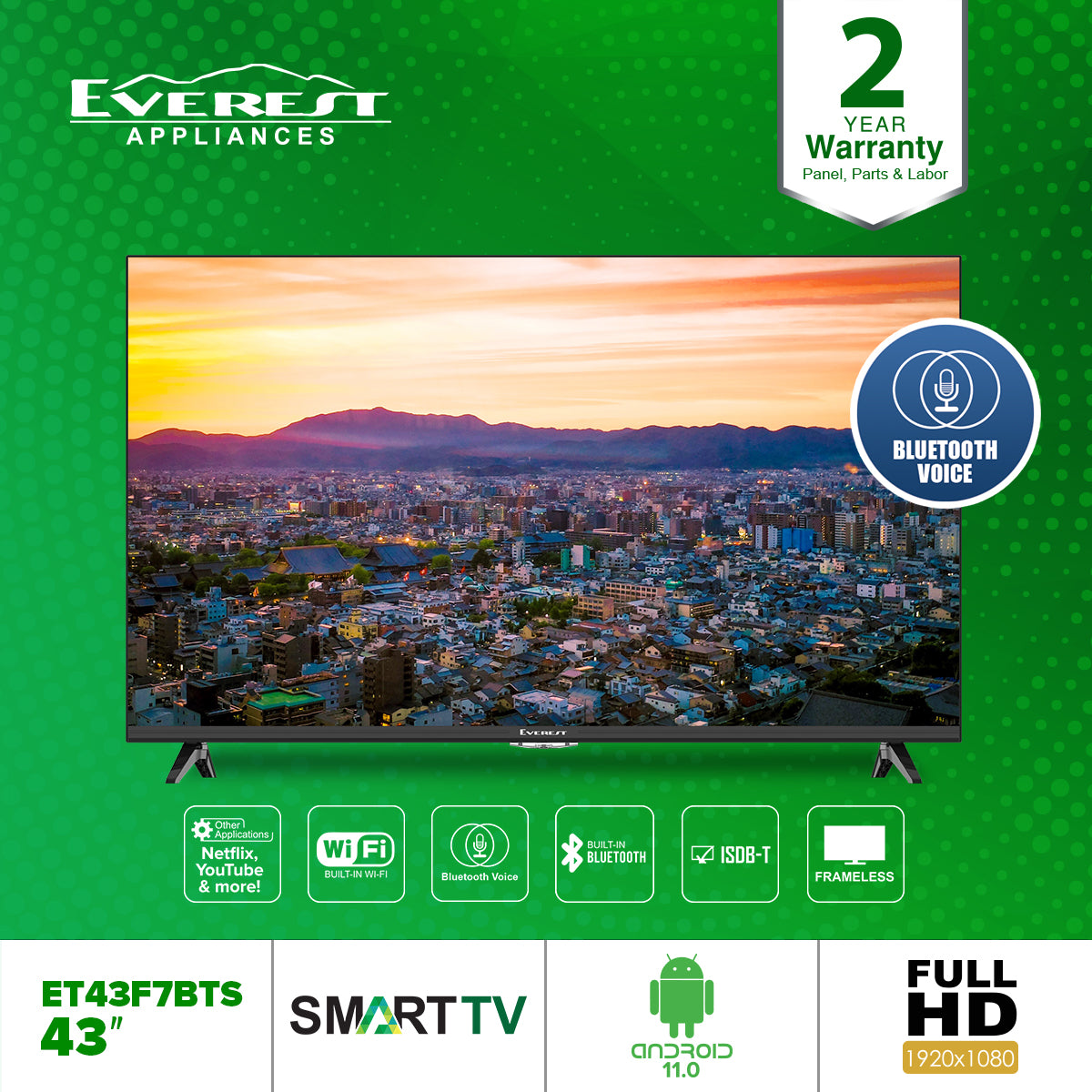 43" Android Smart TV |Android 11.0 OS| QuadCore Processor| Built-in Wifi| ET43F7BTS