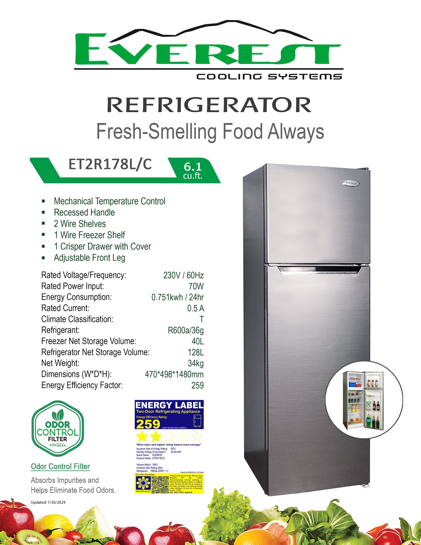 6.1 cu. ft. Two Door Refrigerator | Manual Defrost Ref | Mechanical Temperature Control | Recessed Handle | Adjustable Front Leg | 70W|4.9ft.| 34kg.| ET2R178L/C