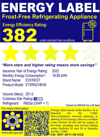 7.8 cu.ft. 2 Door no frost inverter ref | No Frost | Electronic Temperature Control | (187V-254V) | LED Light | Reversible Door with Magnetic Door Seal | Glass Shelf | Crisper Drawer | 4.8ft | 42kg| ET2RN218IVB