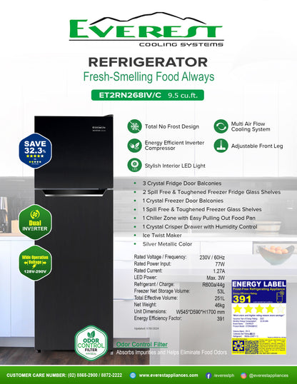 EVEREST 9.5 cu.ft. Two-door no-frost inverter refrigerator|Energy Effi ...