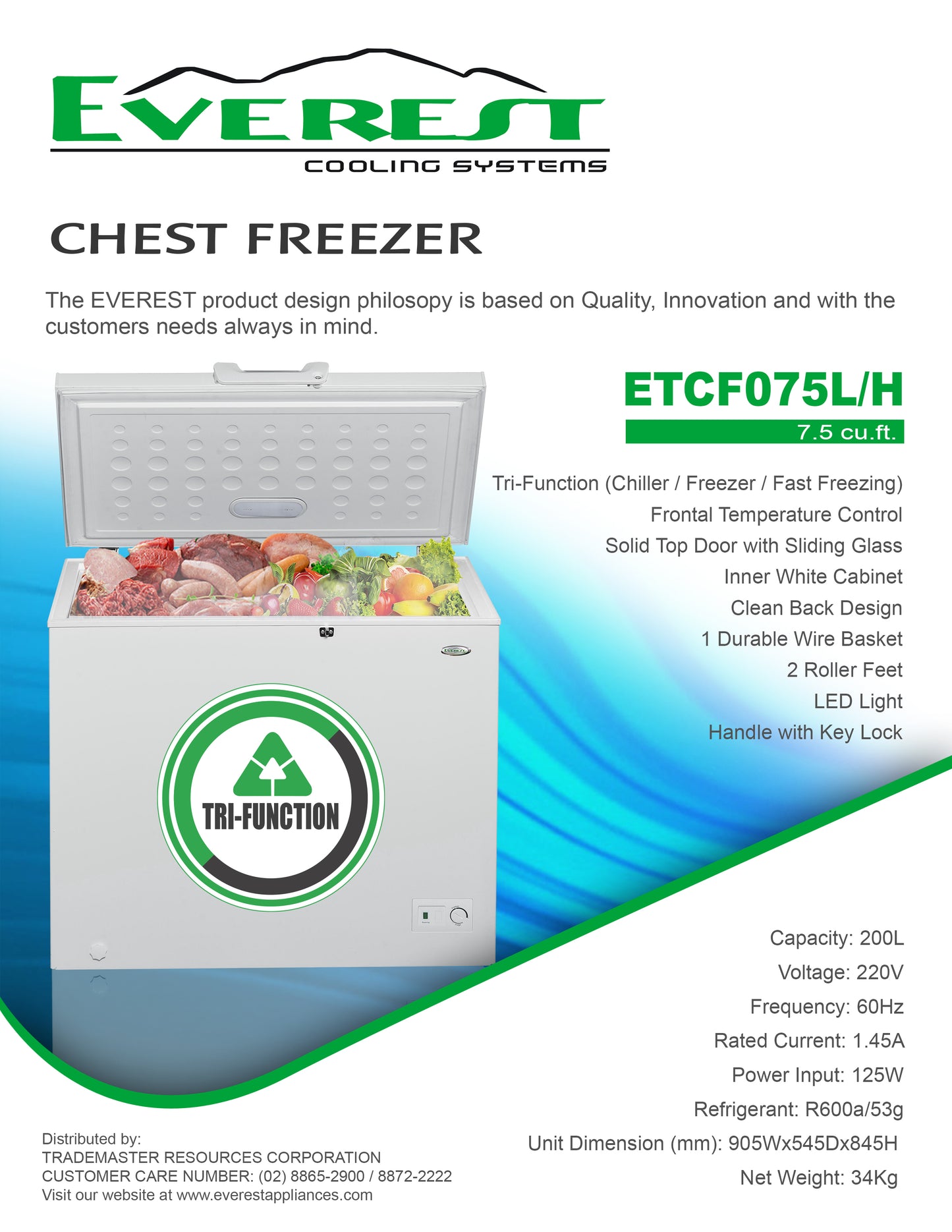 EVEREST 7.5 cu.ft. Chest Freezer|front temperature control|solid top door |clean inner cabinet|clean back design|LED light|handle with key lock| ETCF075L/H