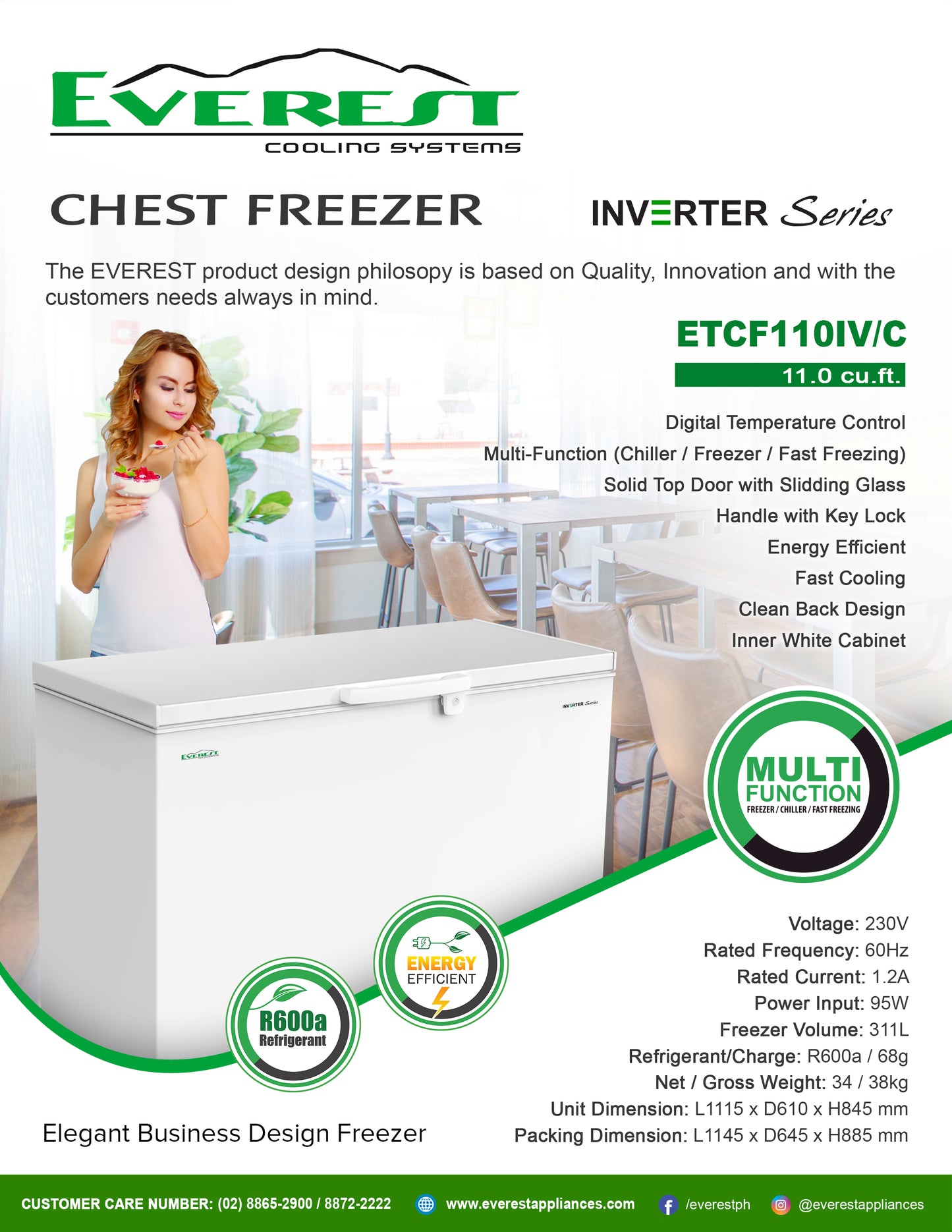 11.0 cu.ft. Chest Freezer Inverter|digital temperature control|solid top door  with sliding glass|handle with key lock|energy efficient|fast cooling|clean back design|inner white cabinet|2.8ft.|38kg|ETCF110IV/C