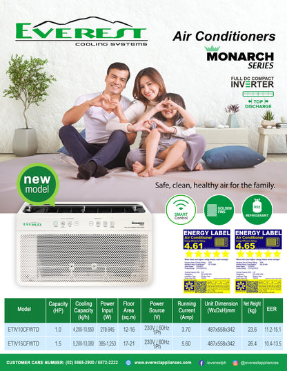 1.0 HP Window Type Inverter Aircon|Smart Control|Full DC Inverter|Compact Design|Top Discharge R32 Refrigerant|Golden Fins|Application Area: 12-16sqm.|Dimension (WxDxH)48.7x55.8x34.2cm|23.6kg |ETIV10CFWTD