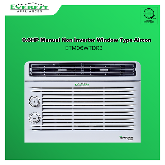 Everest Window Type Air Conditioner 0.6 Hp, Non-Inverter, For Small Rooms and Bedrooms up to 8-10 sq.m., Dripless, Easy Install, White, New Compact and Stylish Design, R32 Refrigerant