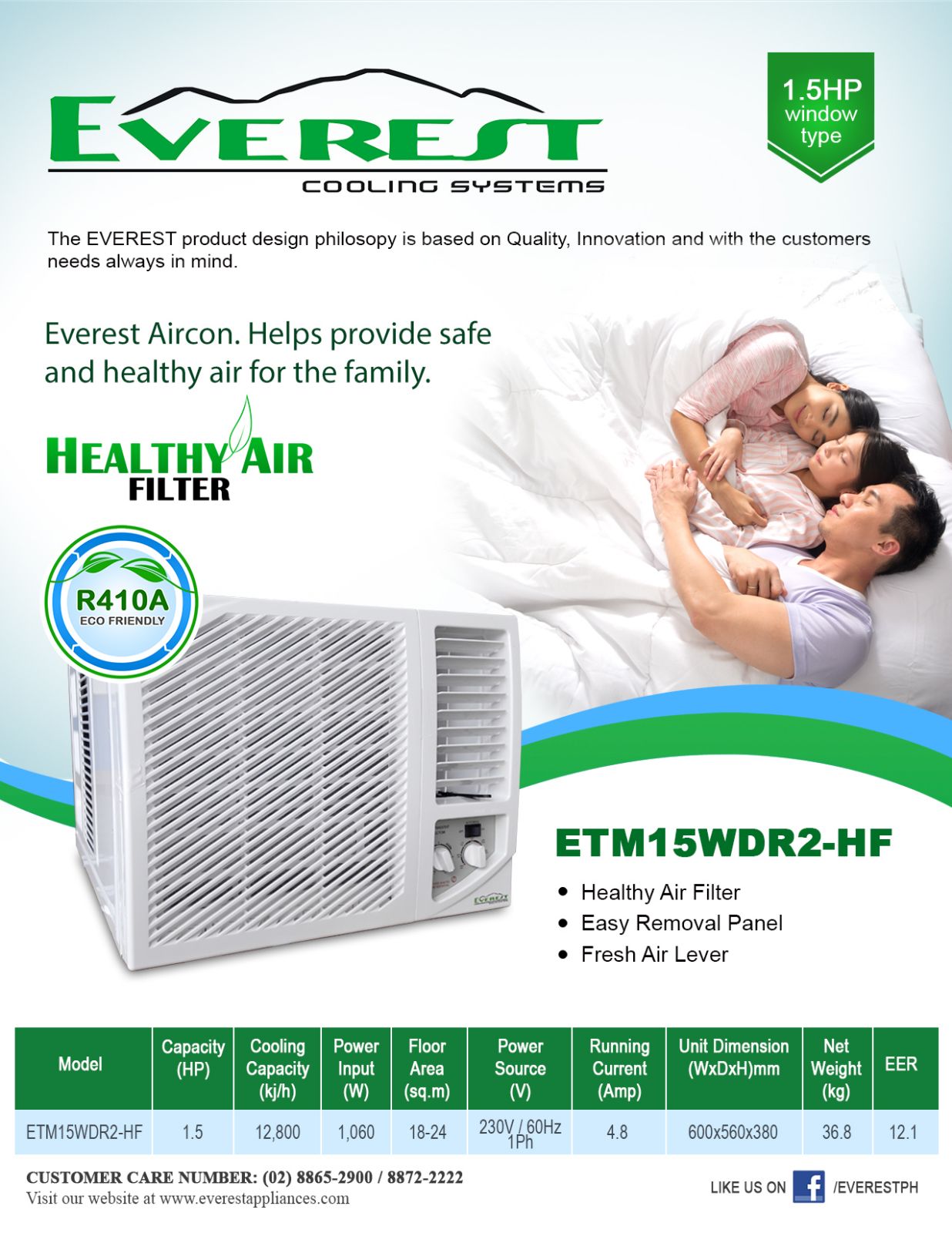 1.5 HP Window Type Aircon|non-inverter|manual control|r410a refrigerant|healthy air filter| horizontal air swing|soft touch control panel|application area: 18-24 sqm.|Dimension (WxDxH)60x56x38cm| 36.8kg| ETM15WDR2-HF