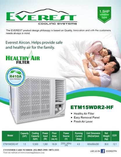 1.5 HP Window Type Aircon|non-inverter|manual control|r410a refrigerant|healthy air filter| horizontal air swing|soft touch control panel|application area: 18-24 sqm.|Dimension (WxDxH)60x56x38cm| 36.8kg| ETM15WDR2-HF