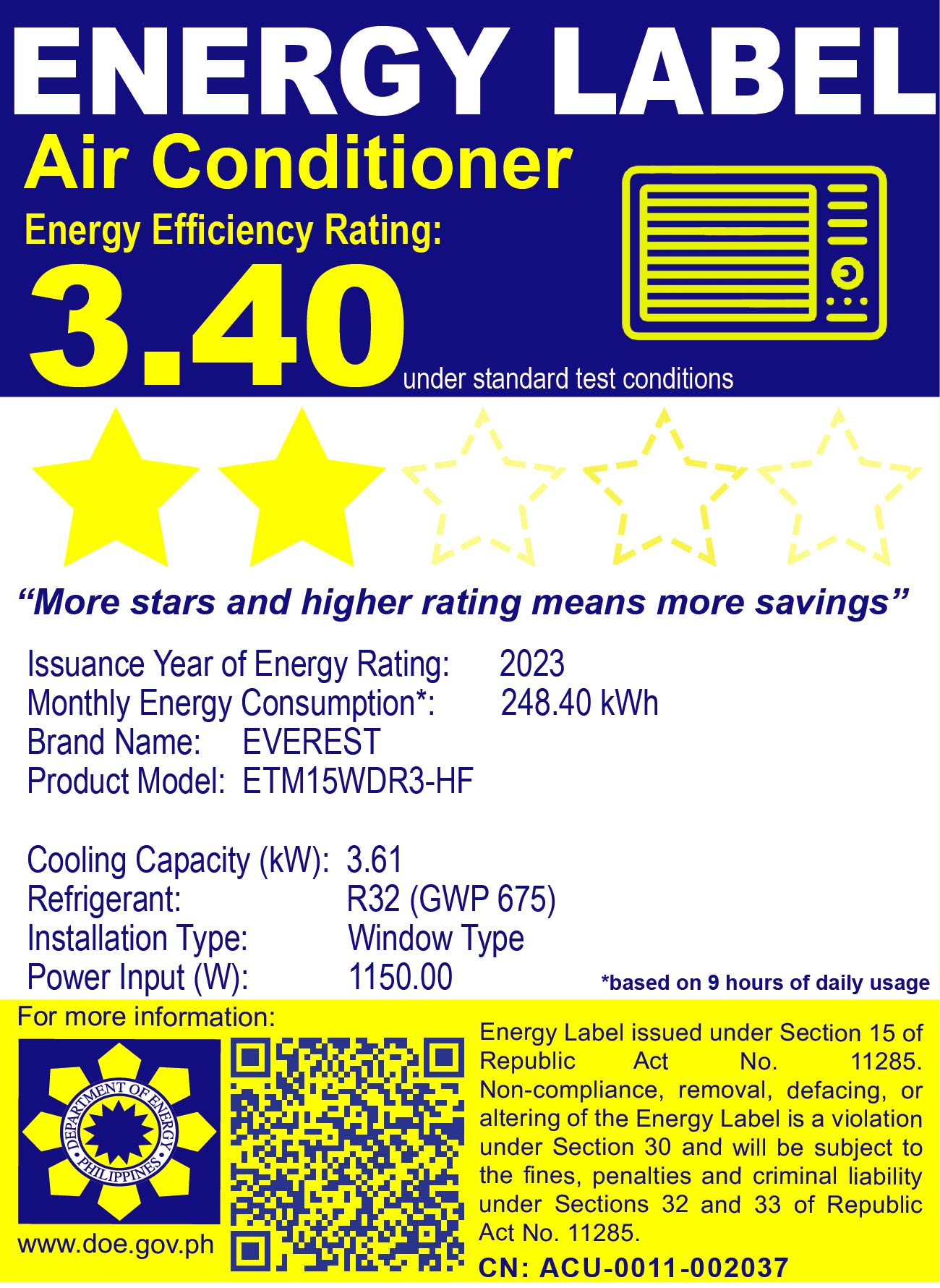 EVEREST 1.5HP Non Inverter Window Type Manual Aircon/ Fast Cooling/ Healthy Air Filter/18-24 sqm/ ETM15WDR3-HF