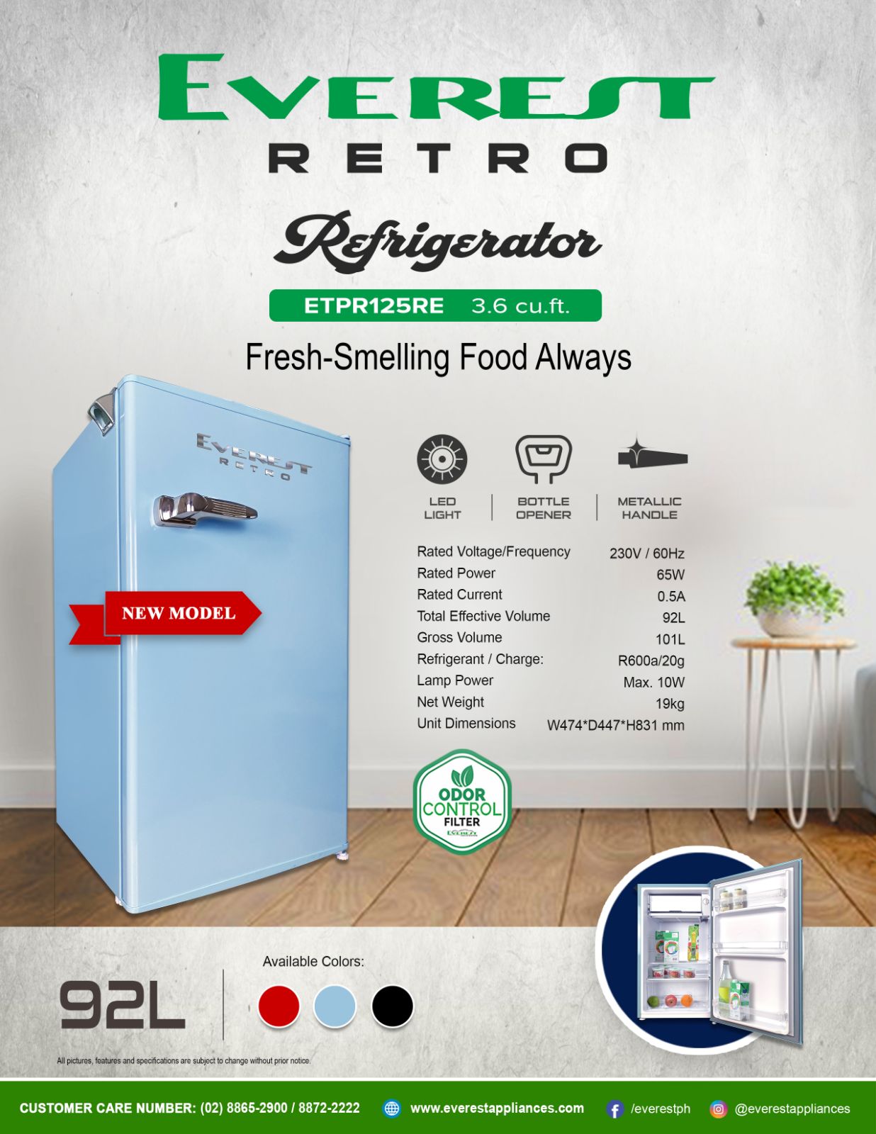 3.6 cu.ft. Retro Ref. Defrost| LED Light|Bottle Opener|Metallic Door Handle|2.7ft|19kg|ETPR125RE