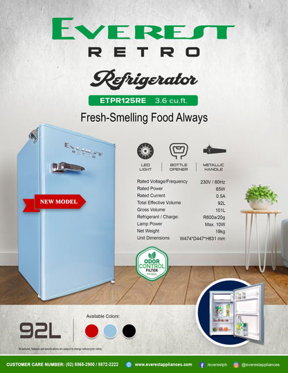 3.6 cu.ft. Retro Ref. Defrost| LED Light|Bottle Opener|Metallic Door Handle|2.7ft|19kg|ETPR125RE