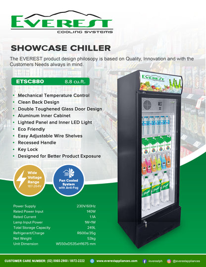 8.8 cu.ft. Showcase Chiller, Defrost|mechanical temperature control| clean back design|aluminum inner cabinet|lighted panel and inner LED light|eco friendly|easy adjustable wire shelves|recessed handle|key lock|5.5ft.|53kg.|ETSC880