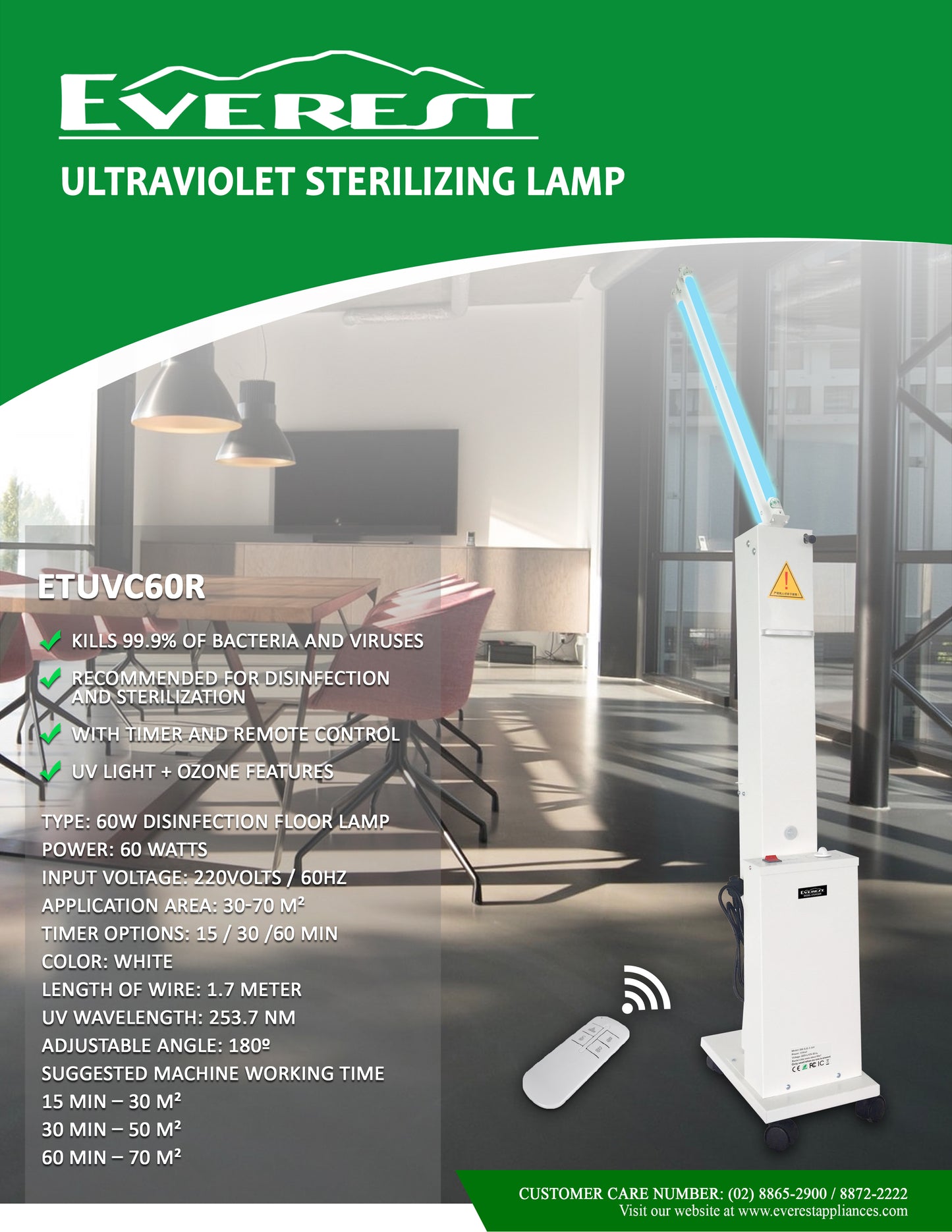 UV Sterilizing lamp 60W|kills 99.9% of bacteria & viruses|recommended for disinfection & sterilization|with timer & remote| UV-light +Ozone features|application area: 30-70m2|ETUVC60R