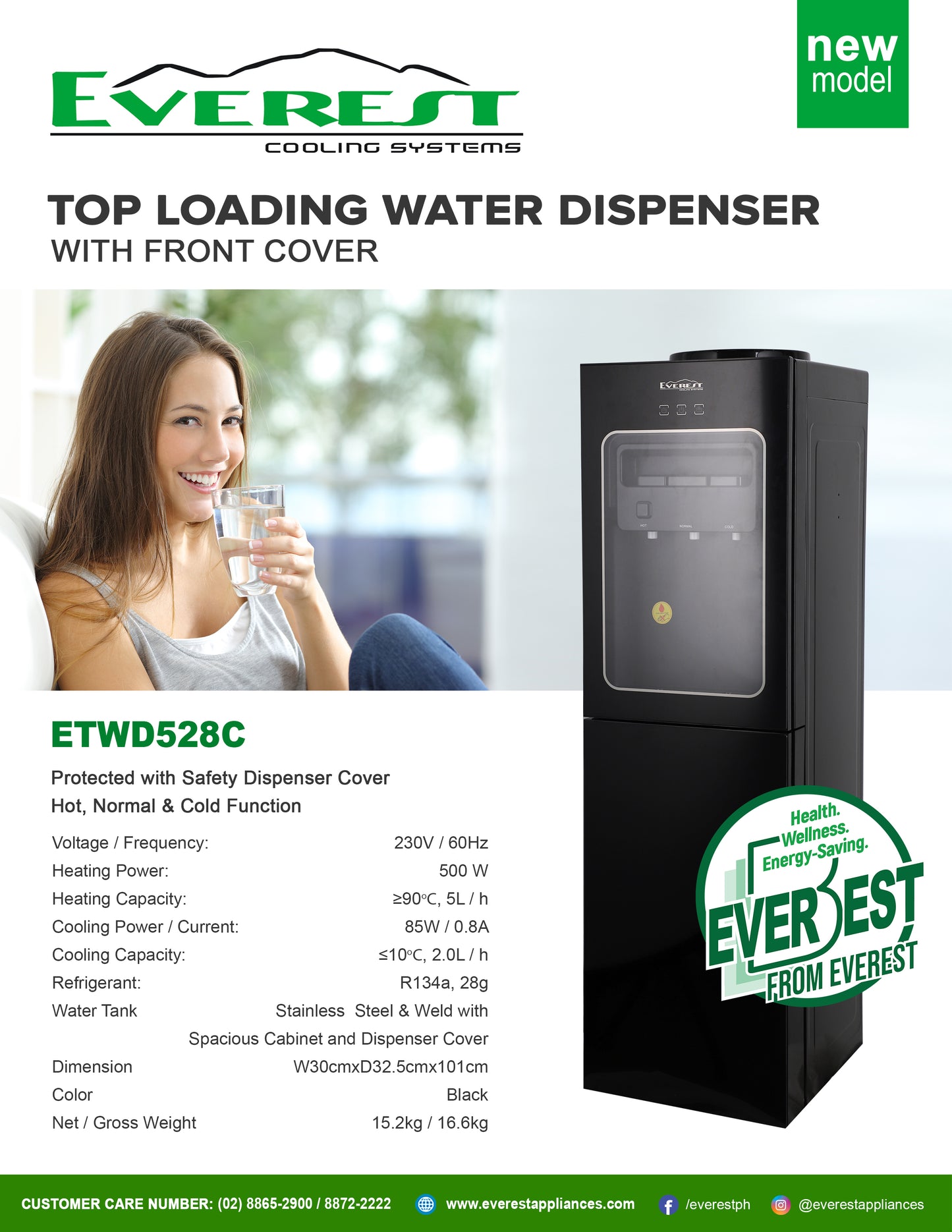 Everest Top Load Water Dispenser, Hot, Cold and Normal Water, Stainless Steel and Weld with Bottom Cabinet and Front Dispenser Cover, Black
