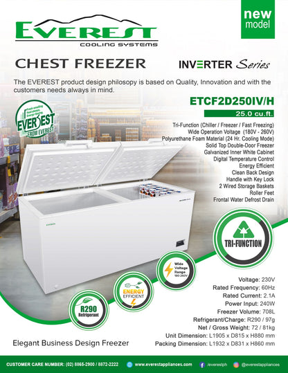 Everest Inverter Chest Freezer 25 cu.ft. | Tri Function (Chiller/Freezer/Fast Freezing) | Polyurethane Foam Material (24hrs cooling mode) | Galvanized Inner White Cabinet | Digital Temperature Control | 2 Wired Storage Basket | ETCF2D250IV/H