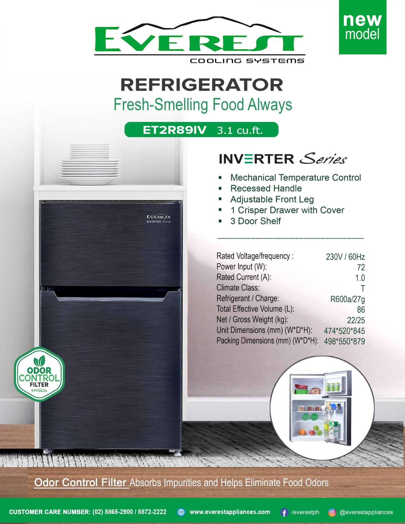 Everest INVERTER 3.1 cu.ft. Two-Door Direct Cool Refrigerator, 89L/ ET2R89IV