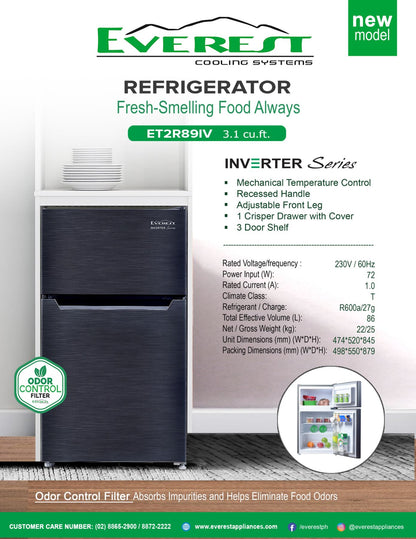 Everest INVERTER 3.1 cu.ft. Two-Door Direct Cool Refrigerator, 89L/ ET2R89IV