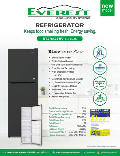 Everest Refrigerator XL Freezer 8.2 cu.ft. Inverter Series | Extra Large Freezer | Tri- Section Storage w/ Dual Wire Shelves | Frost Control | R600a Refrigerant | ET2RX231IV