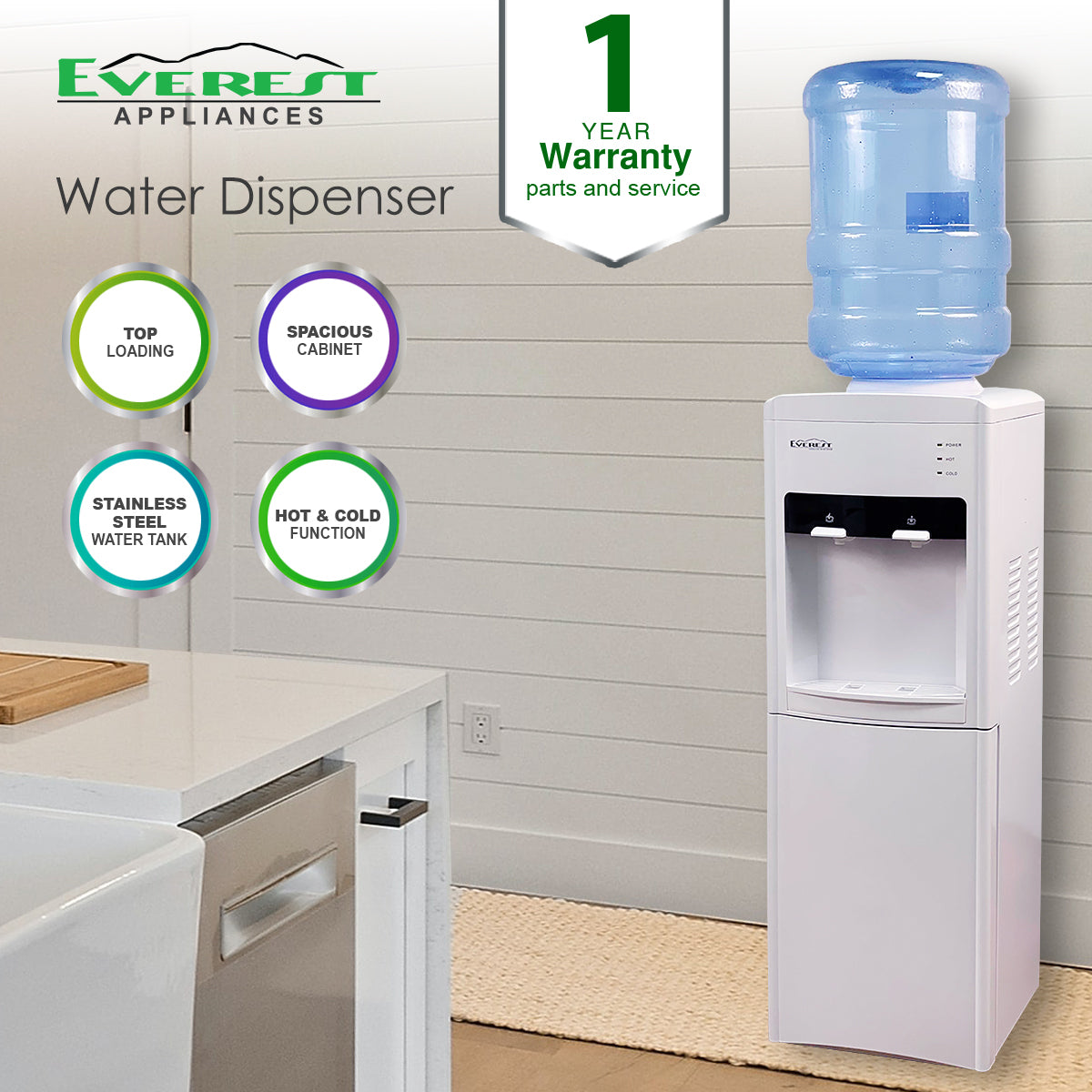Hot and Cold Top Load Water Dispenser with Bottom Compartment